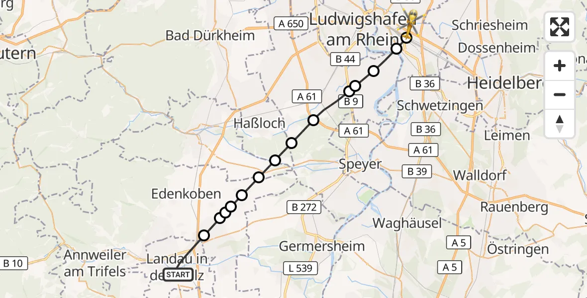 Flugroute Rettungshubschrauber Landau in der Pfalz - Mannheim-City Flughafen, 10 Oktober 2026, 10:01