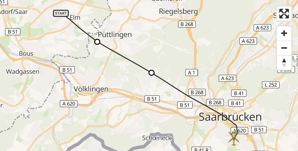Flugroute Rettungshubschrauber Schwalbach - Saarbrücken, 10 Oktober 2026, 10:11