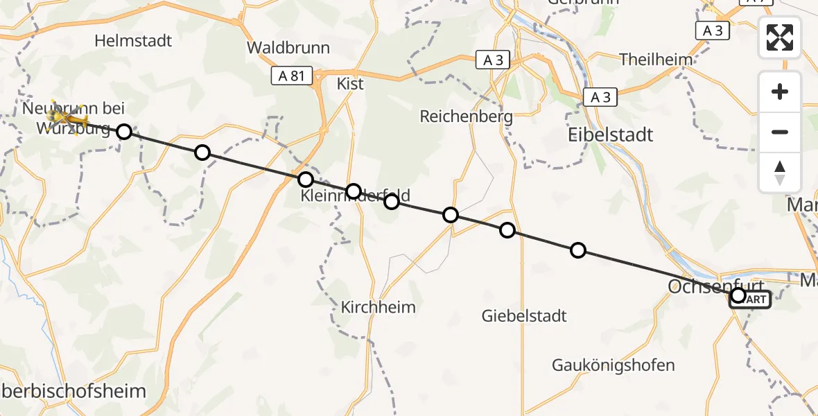Flugroute Rettungshubschrauber Ochsenfurt Hospital - Neubrunn, 10 Oktober 2026, 10:12