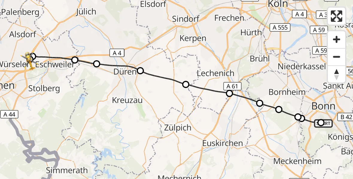 Flugroute Rettungshubschrauber Bonn University Hospital - Aachen-Merzbrück Flughafen, 10 Oktober 2026, 10:30