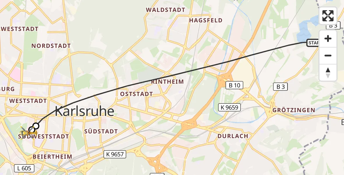 Flugroute Ambulanzhubschrauber Karlsruhe - Sankt Vincentius Hospital, 10 Oktober 2026, 10:34