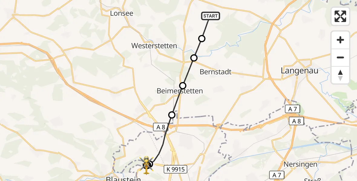 Flugroute Rettungshubschrauber Neenstetten - ADAC Air Rescue Station Ulm (Christoph 22), 10 Oktober 2026, 10:40