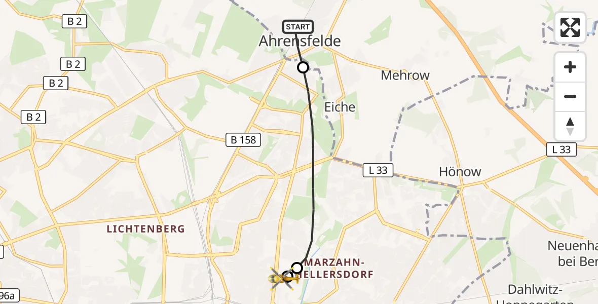 Flugroute Rettungshubschrauber Ahrensfelde - Berlin Emergency Hospital, 10 Oktober 2026, 10:45