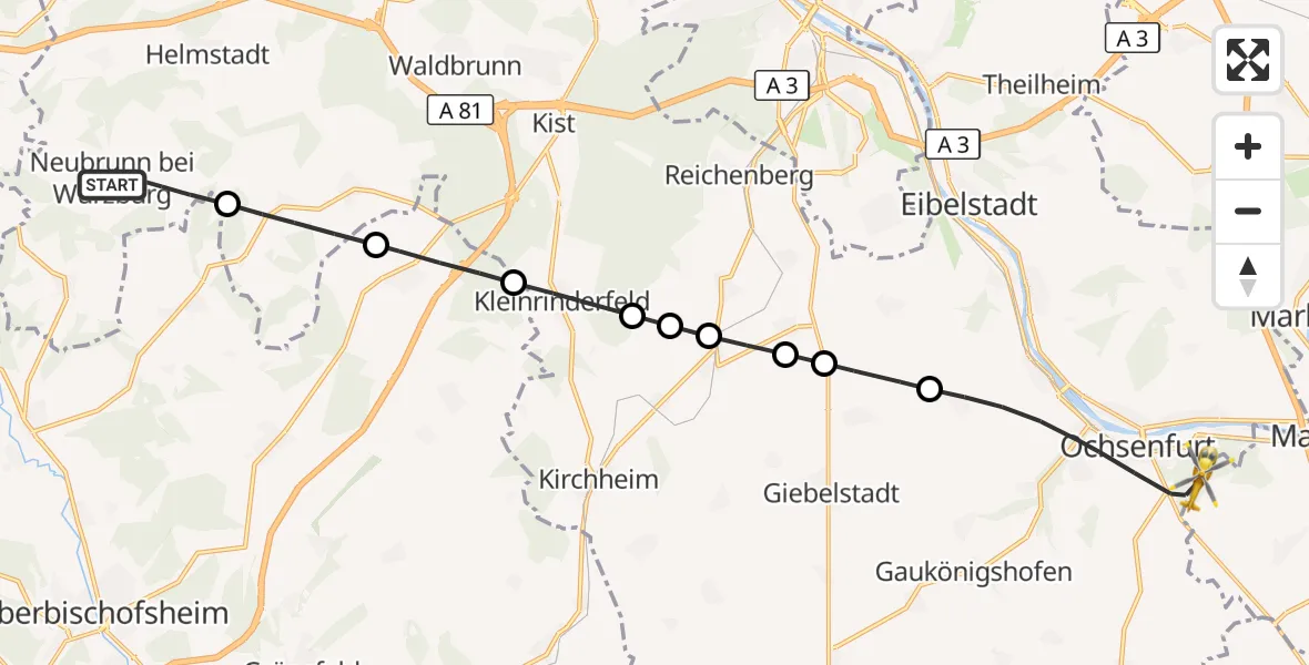Flugroute Rettungshubschrauber Neubrunn - Ochsenfurt Hospital Hubschrauberlandeplatz, 10 Oktober 2026, 10:48