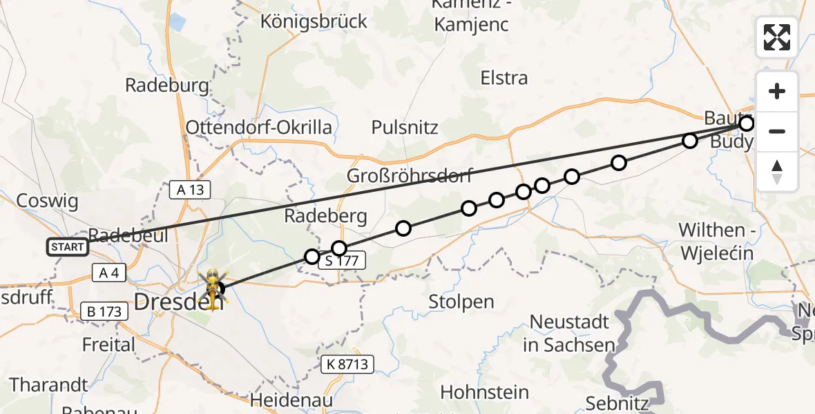 Flugroute Rettungshubschrauber Dresden - Dresden University Hospital, 10 Oktober 2026, 10:49