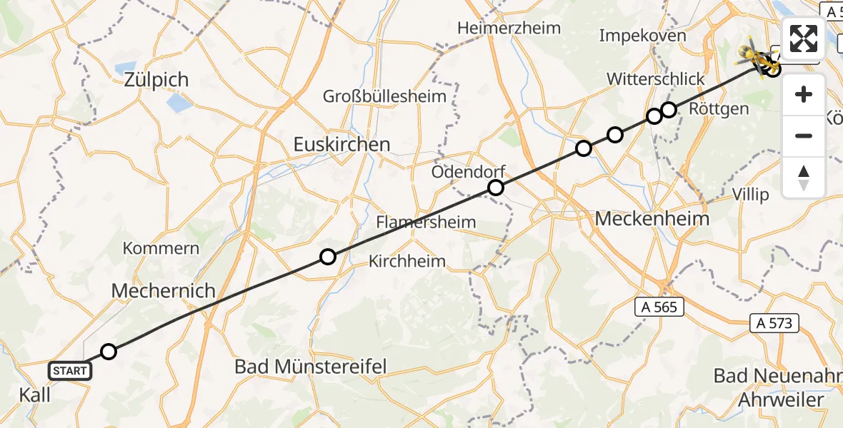 Flugroute Rettungshubschrauber Kall - Bonn University Hospital, 10 Oktober 2026, 10:54