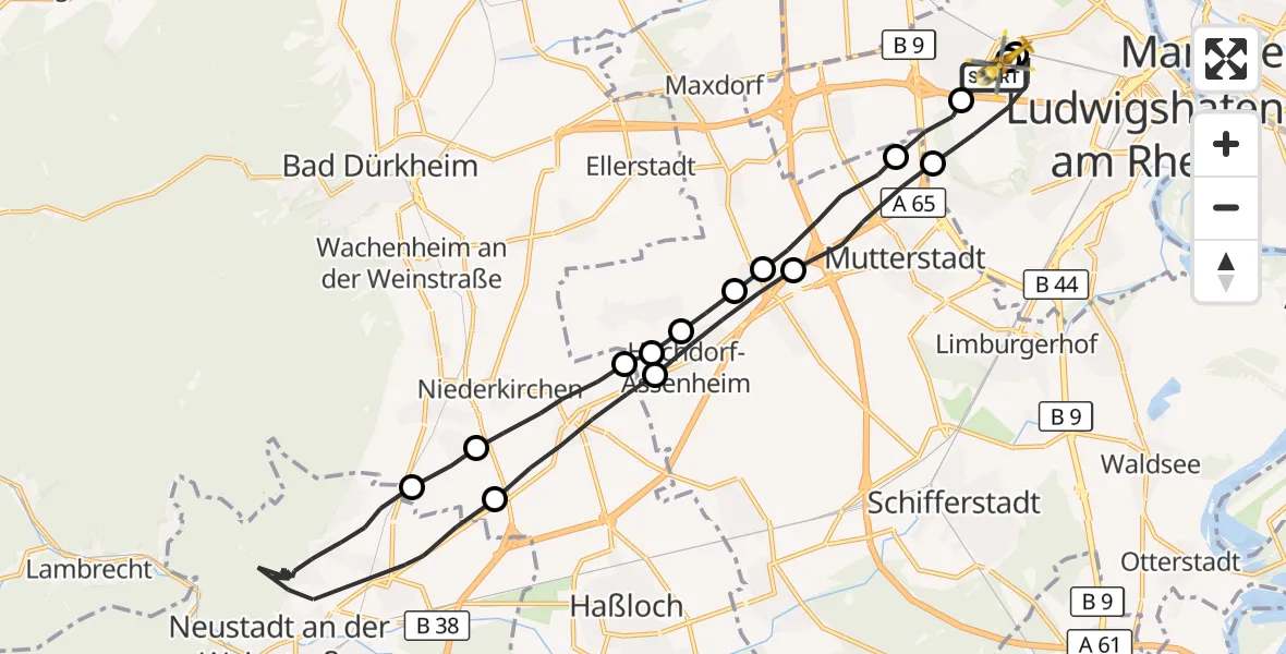 Flugroute Rettungshubschrauber Ludwigshafen Accident Hospital - Ludwigshafen Accident Hospital, 10 Oktober 2026, 10:58