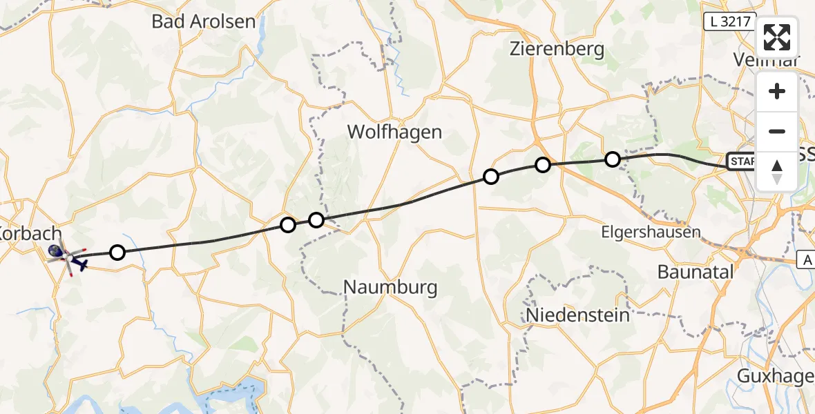 Flugroute Polizeihubschrauber Kassel - Korbach, 10 Oktober 2026, 11:06