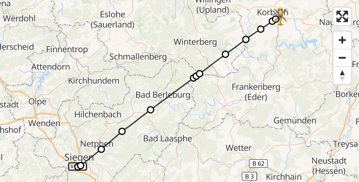 Flugroute Rettungshubschrauber Evangelisches Jung-Stilling Hospital - Korbach, 10 Oktober 2026, 11:11