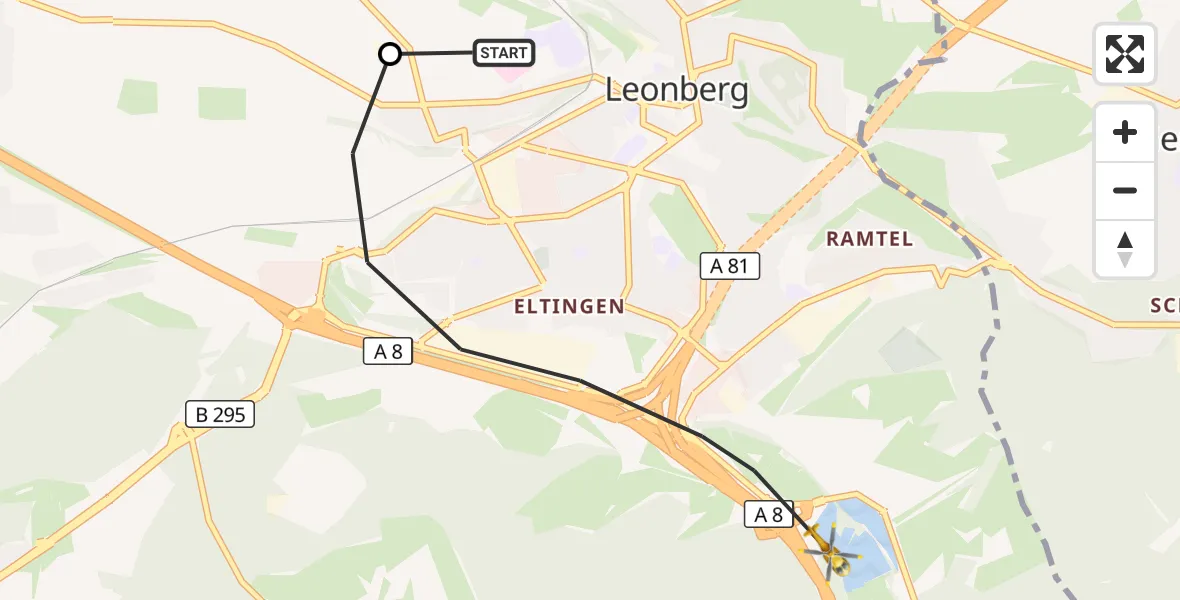 Flugroute Rettungshubschrauber Leonberg Hospital - Leonberg, 10 Oktober 2026, 11:18