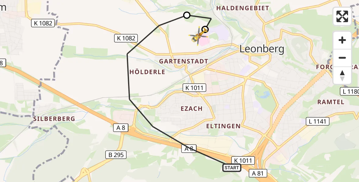 Flugroute Rettungshubschrauber Leonberg - Leonberg Hospital, 10 Oktober 2026, 11:34