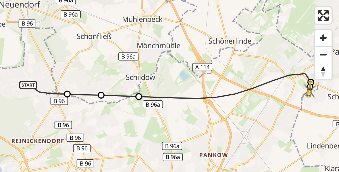 Flugroute Rettungshubschrauber Berlin - Helios Clinic Berlin-Buch, 10 Oktober 2026, 11:36