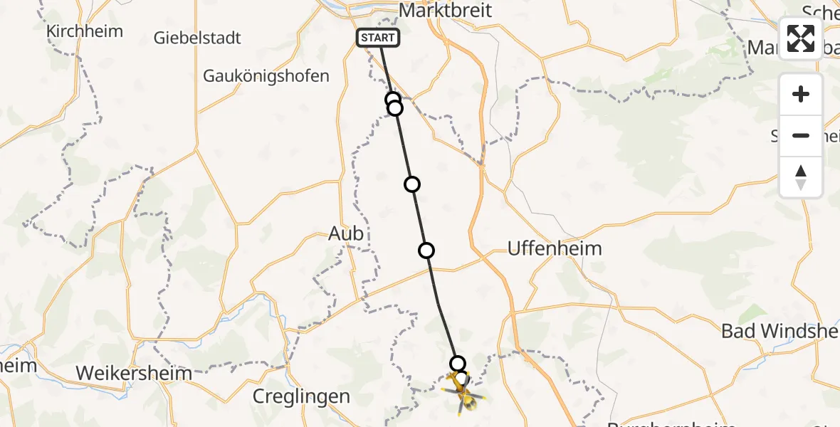 Flugroute Rettungshubschrauber Marktbreit - Adelshofen, 10 Oktober 2026, 11:39