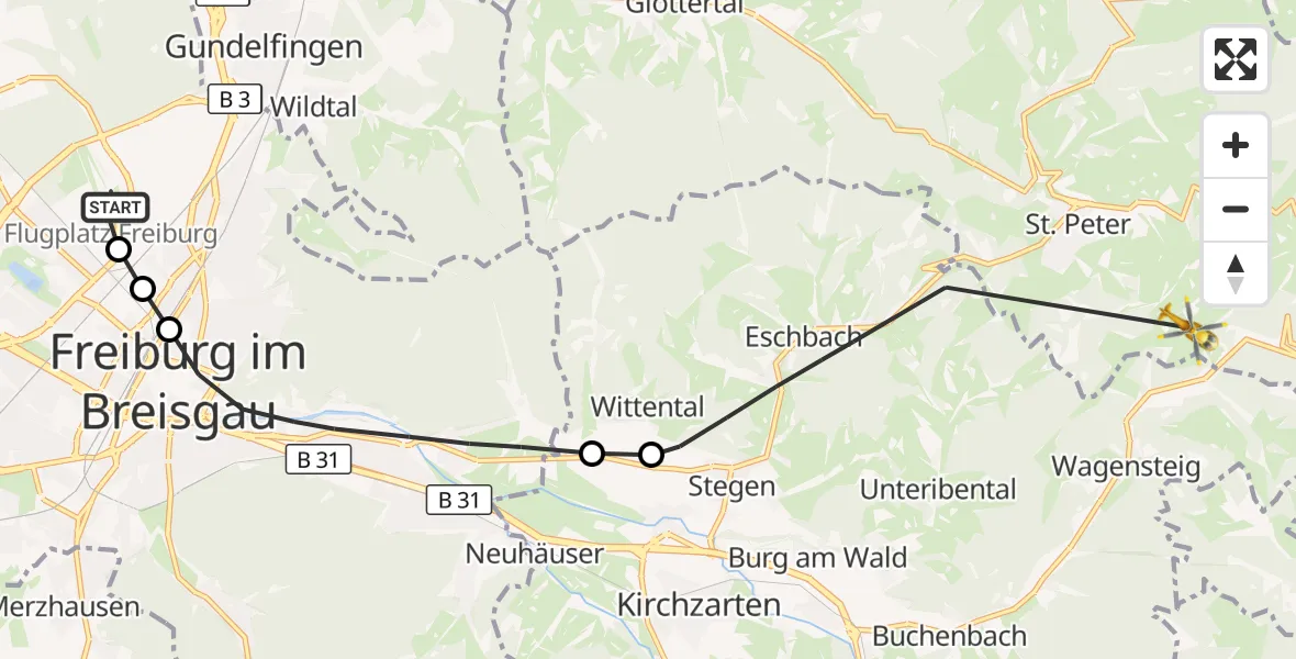 Flugroute Ambulanzhubschrauber Freiburg im Breisgau Flugplatz - St. Märgen, 10 Oktober 2026, 11:51