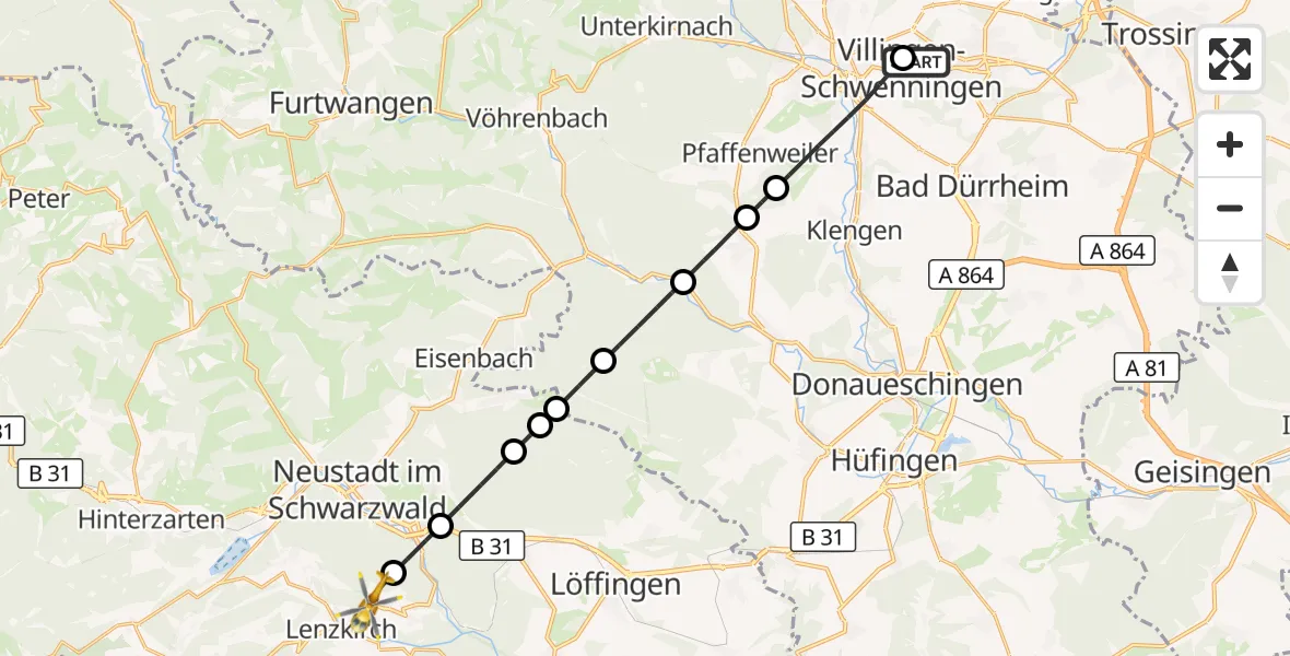Flugroute Ambulanzhubschrauber DRF Air Rescue Station Villingen-Schwenningen Hubschrauberlandeplatz (Christoph 11) - Lenzkirch, 10 Oktober 2026, 12:02