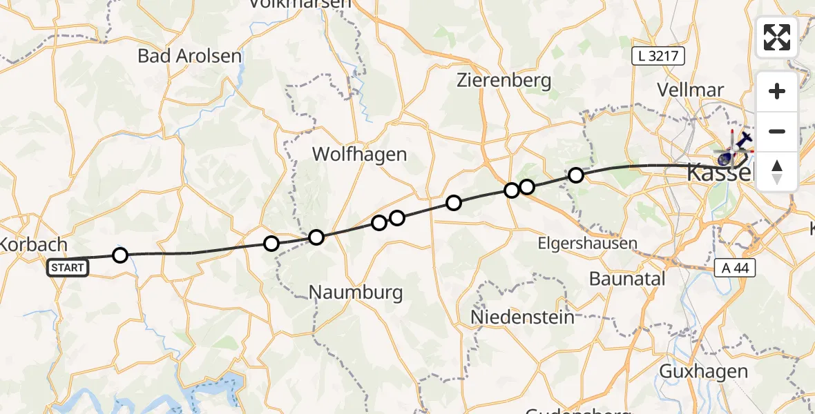 Flugroute Polizeihubschrauber Korbach - Kassel, 10 Oktober 2026, 12:07