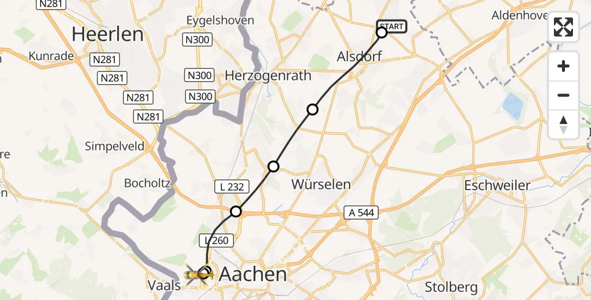 Flugroute Rettungshubschrauber Baesweiler - Aachen Hospital, 10 Oktober 2026, 12:11