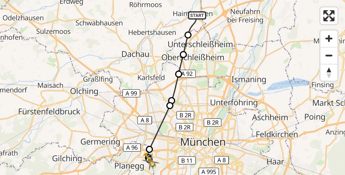 Flugroute Rettungshubschrauber Haimhausen - DRF Air Rescue München Hubschrauberlandeplatz, 10 Oktober 2026, 12:18