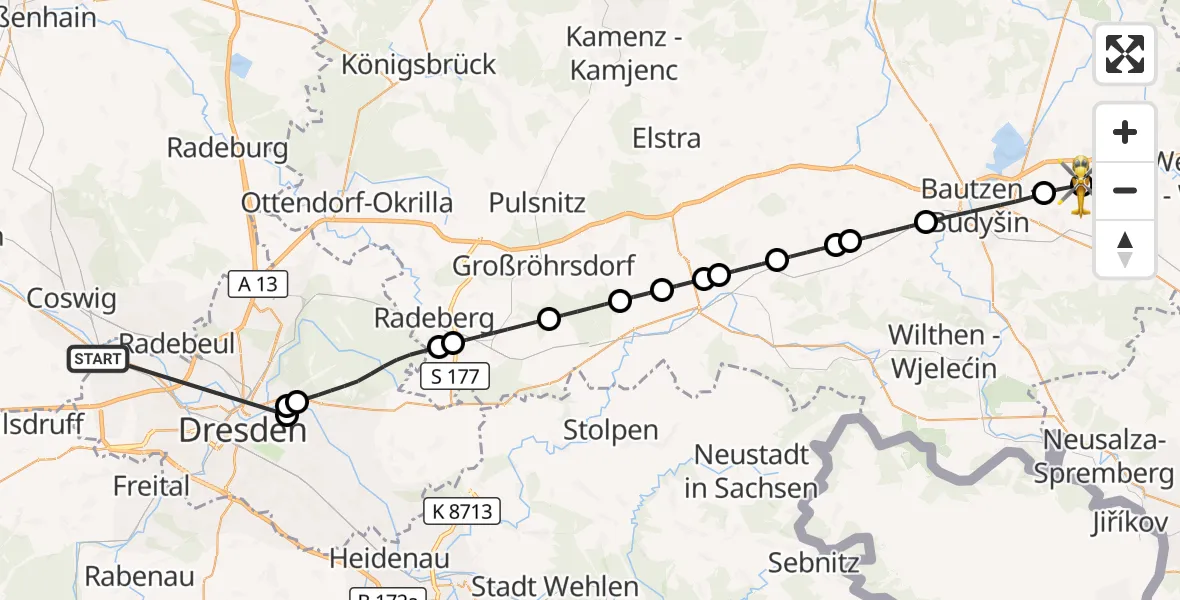 Flugroute Rettungshubschrauber Dresden - Bautzen Flugplatz, 10 Oktober 2026, 12:26