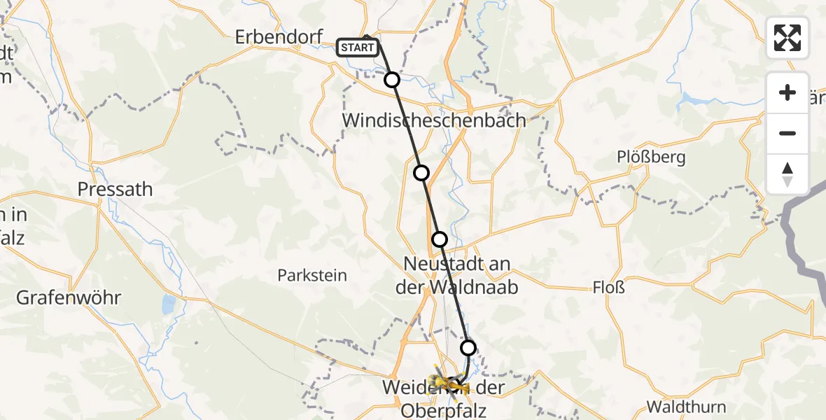 Flugroute Ambulanzhubschrauber Krummennaab - Weiden Hospital, 10 Oktober 2026, 12:39