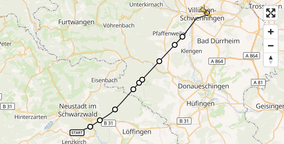 Flugroute Ambulanzhubschrauber Lenzkirch - DRF Air Rescue Station Villingen-Schwenningen Hubschrauberlandeplatz (Christoph 11), 10 Oktober 2026, 12:42