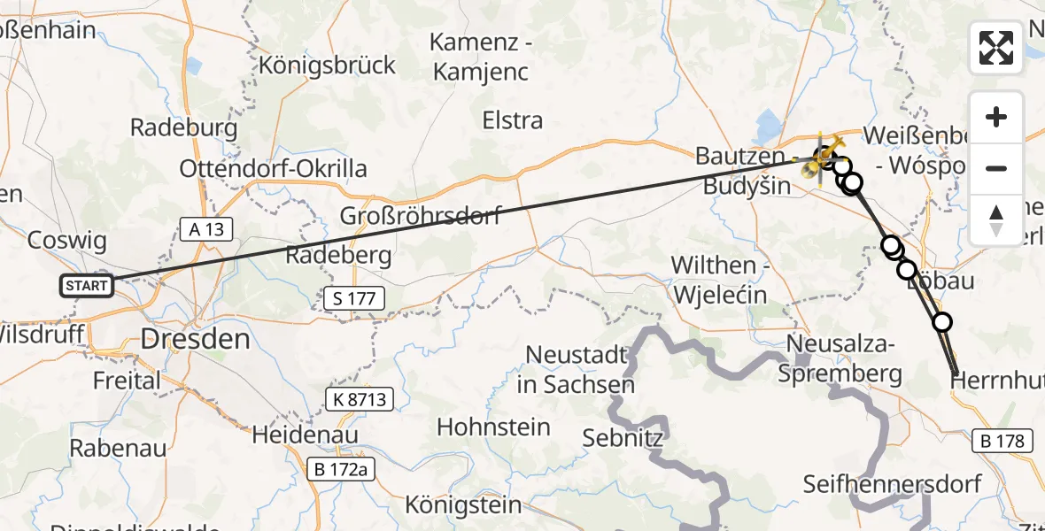 Flugroute Rettungshubschrauber Dresden - Bautzen Flugplatz, 10 Oktober 2026, 12:50