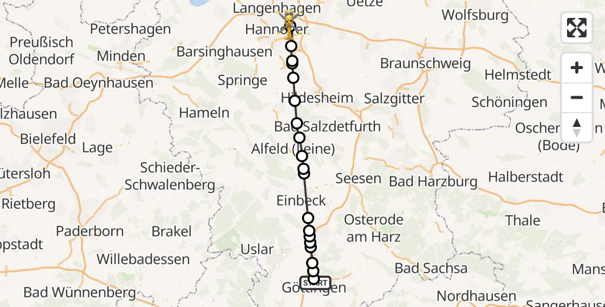 Flugroute Rettungshubschrauber Göttingen University Clinic Hubschrauberlandeplatz - Hannover Luftrettung Hubschrauberlandeplatz (Christoph 4), 10 Oktober 2026, 12:54