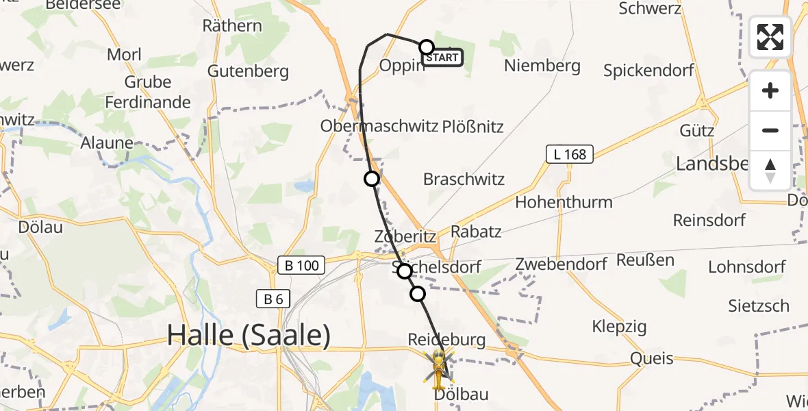 Flugroute Rettungshubschrauber Halle-Oppin Flugplatz - Halle (Saale), 10 Oktober 2026, 12:58