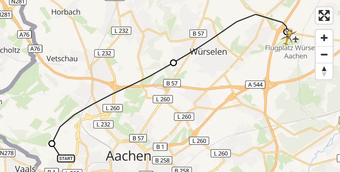 Flugroute Rettungshubschrauber Aachen Hospital - Aachen-Merzbrück Flughafen, 10 Oktober 2026, 12:59
