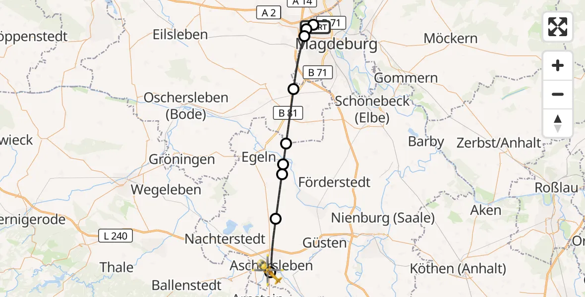 Flugroute Rettungshubschrauber Magdeburg Hospital - AMEOS Hospital Aschersleben, 10 Oktober 2026, 13:01