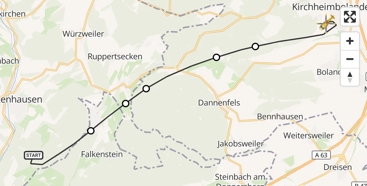Flugroute Rettungshubschrauber Rockenhausen - Kirchheimbolanden, 10 Oktober 2026, 13:03