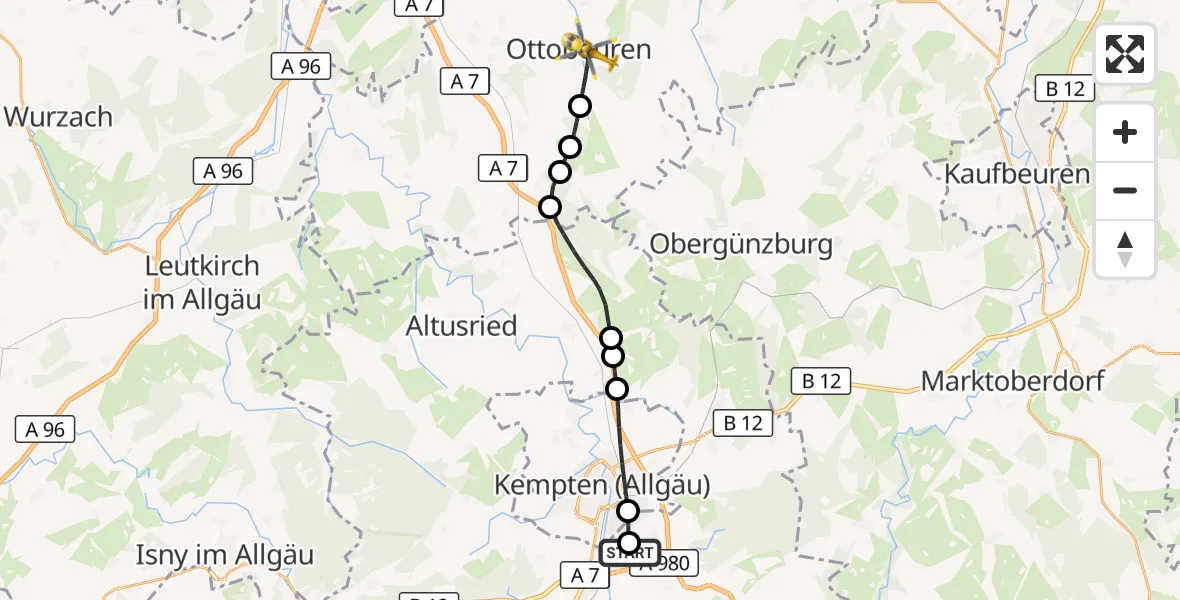 Flugroute Rettungshubschrauber Kempten-Durach Flugplatz - Ottobeuren, 10 Oktober 2026, 13:06