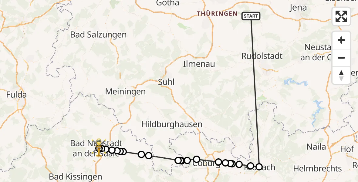 Flugroute Ambulanzhubschrauber Bad Berka Central Hospital - Bad Neustadt an der Saale Hospital, 10 Oktober 2026, 13:29