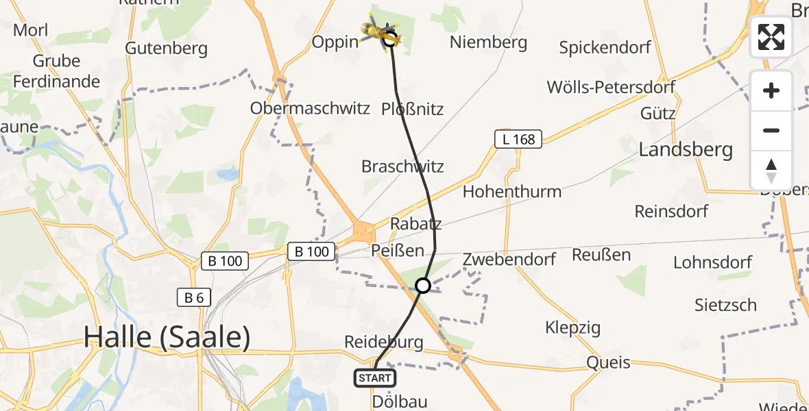 Flugroute Rettungshubschrauber Halle (Saale) - Halle-Oppin Flugplatz, 10 Oktober 2026, 13:29
