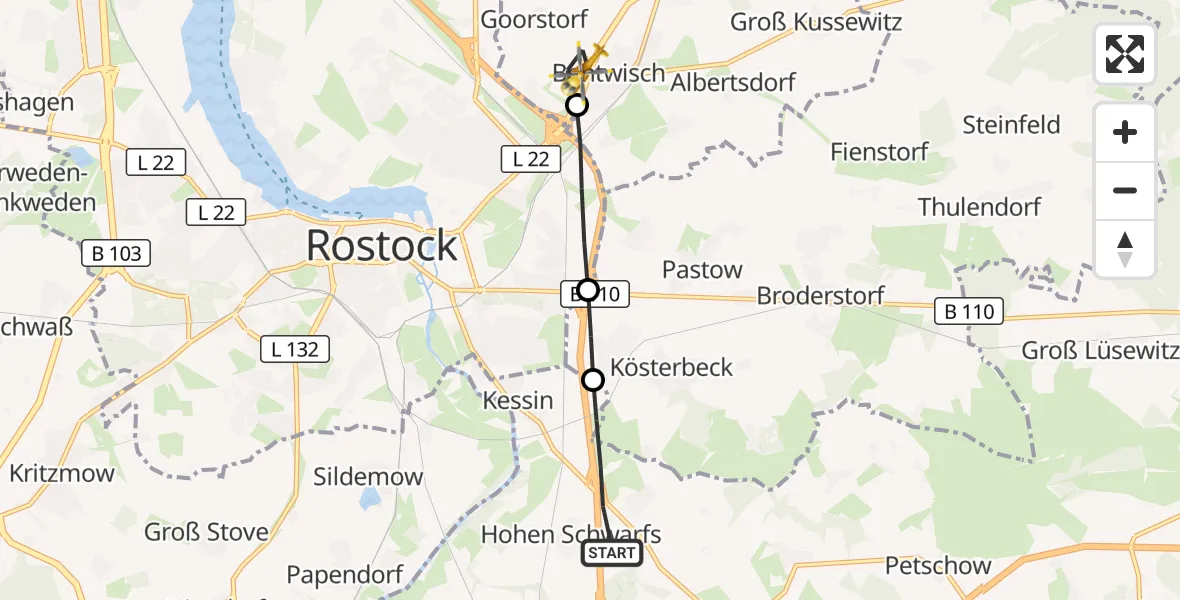 Flugroute Ambulanzhubschrauber Dummerstorf - Bentwisch, 10 Oktober 2026, 13:41