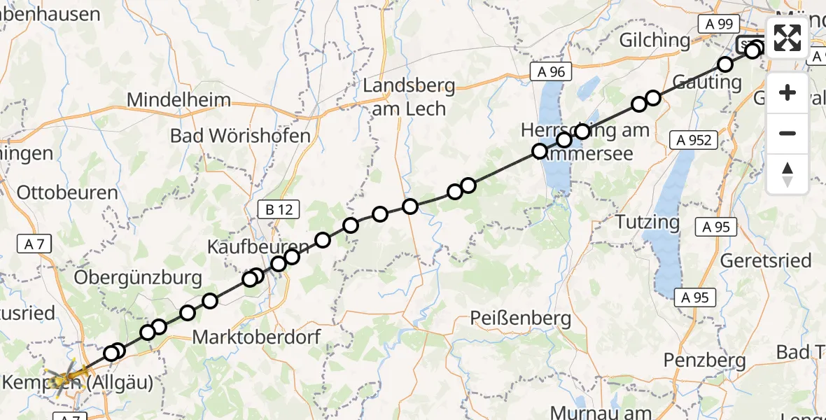 Flugroute Rettungshubschrauber DRF Air Rescue München Hubschrauberlandeplatz - Kempten (Allgäu), 10 Oktober 2026, 13:42