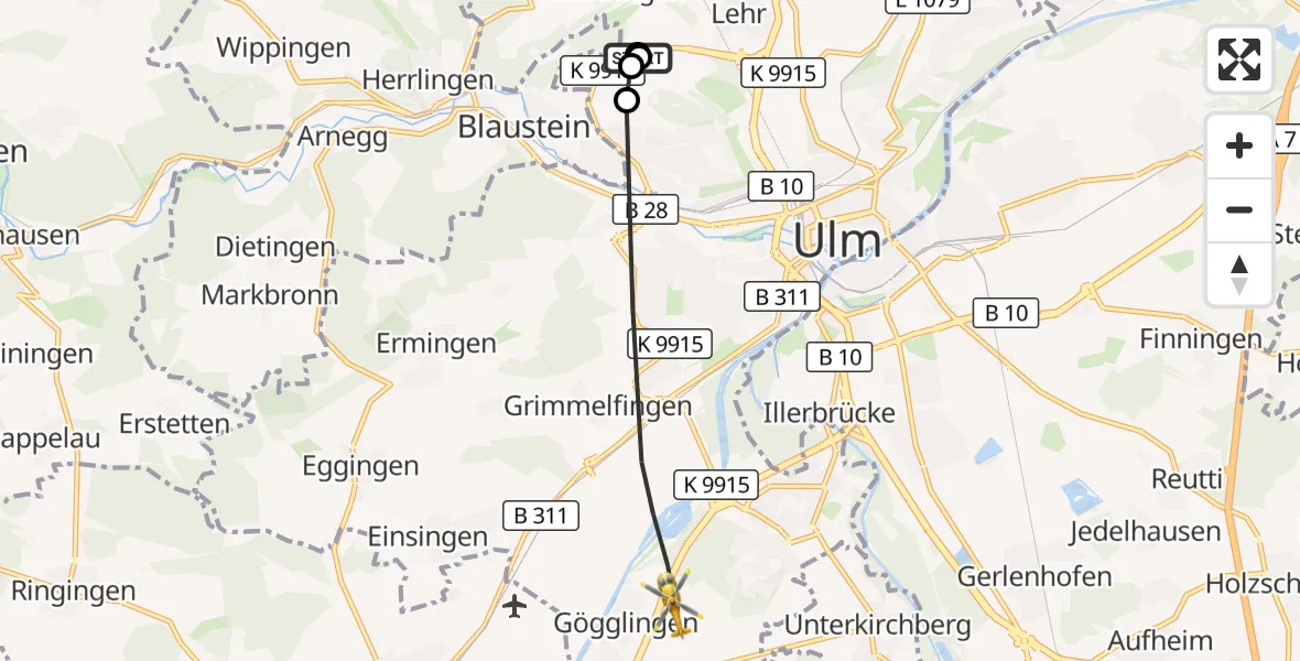 Flugroute Rettungshubschrauber Ulm Military Hospital Emergency - Ulm, 10 Oktober 2026, 13:44