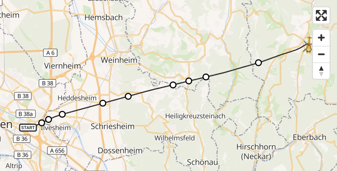 Flugroute Rettungshubschrauber Mannheim-City Flughafen - Oberzent, 10 Oktober 2026, 13:57