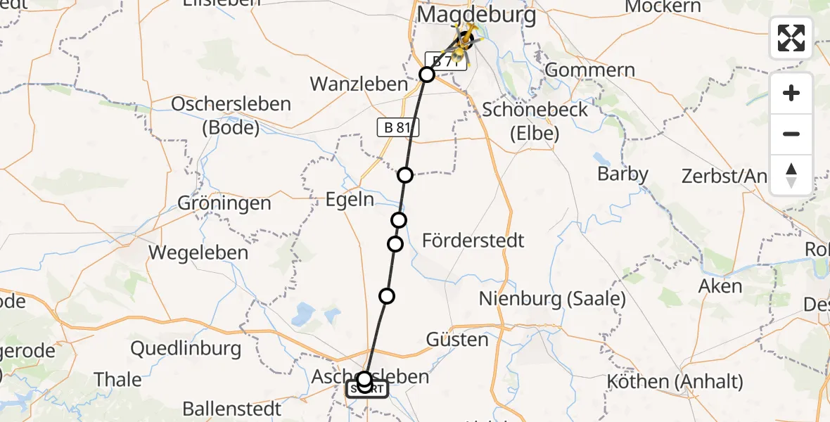 Flugroute Rettungshubschrauber AMEOS Hospital Aschersleben - Magdeburg University Hospital, 10 Oktober 2026, 14:00