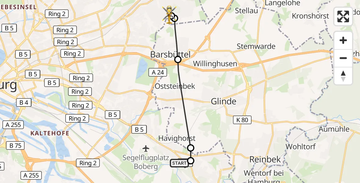 Flugroute Rettungshubschrauber Christoph Hansa ADAC Hubschrauberlandeplatz - Wilhelmstift Catholic Children's Hospital, 10 Oktober 2026, 14:04