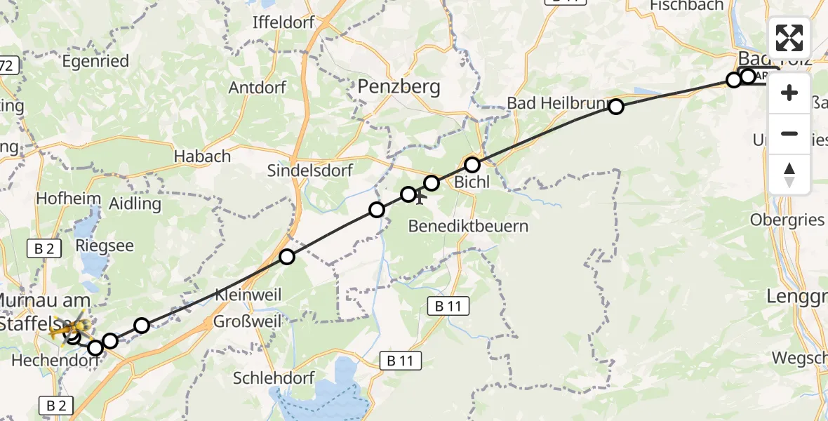 Flugroute Rettungshubschrauber Asklepios Clinic Bad Tölz - Murnau Accident Hospital, 10 Oktober 2026, 14:15