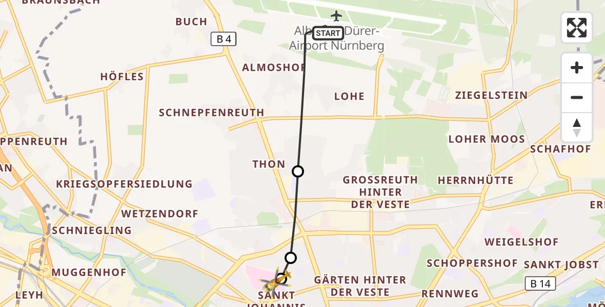 Flugroute Ambulanzhubschrauber Flughafen Nuremberg - Nürnberg North Hospital, 10 Oktober 2026, 14:20