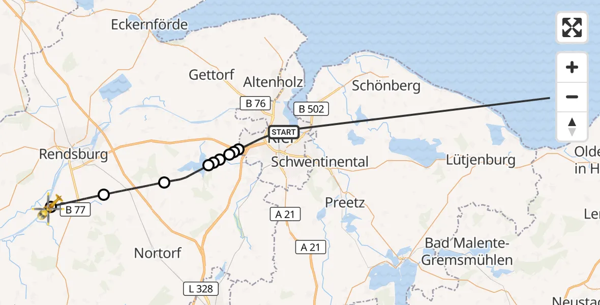 Flugroute Ambulanzhubschrauber Kiel - Schülp b.Rendsburg, 10 Oktober 2026, 14:27