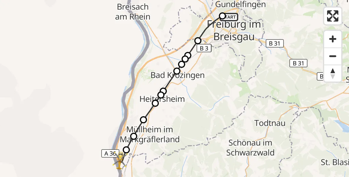 Flugroute Ambulanzhubschrauber Freiburg im Breisgau Flugplatz - Neuenburg am Rhein, 10 Oktober 2026, 14:28