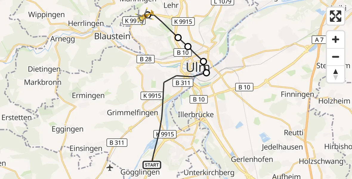 Flugroute Rettungshubschrauber Ulm - Ulm Military Hospital Emergency, 10 Oktober 2026, 14:38