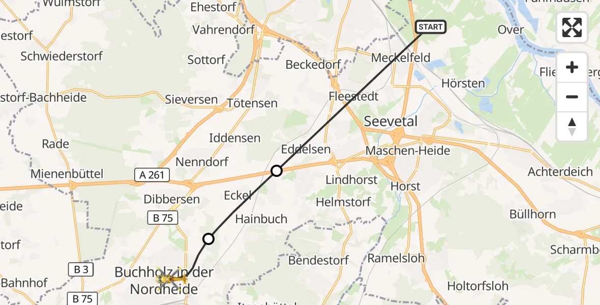 Flugroute Rettungshubschrauber Seevetal - Buchholz in der Nordheide, 10 Oktober 2026, 14:50