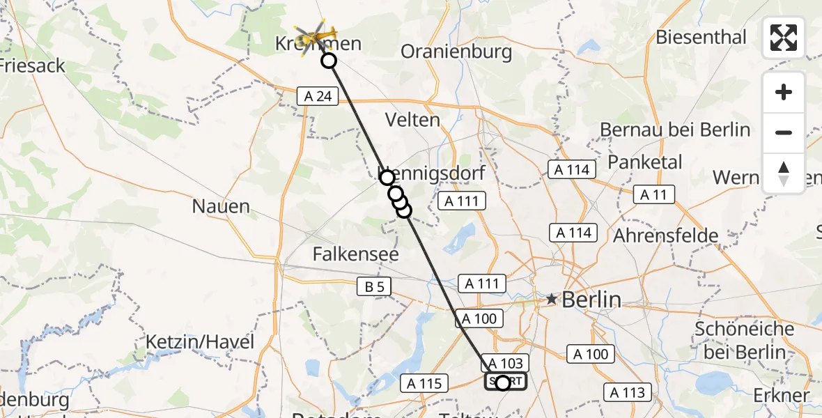 Flugroute Rettungshubschrauber Charité Clinic Benjamin Franklin Campus - Kremmen, 10 Oktober 2026, 14:52