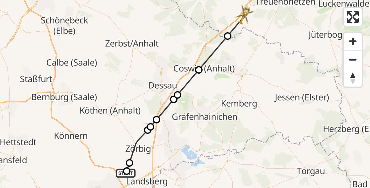 Flugroute Rettungshubschrauber Halle-Oppin Flugplatz - Rabenstein/Fläming, 10 Oktober 2026, 15:03