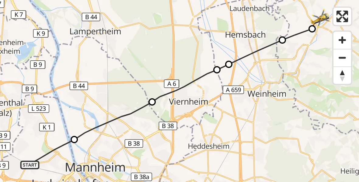Flugroute Rettungshubschrauber Ludwigshafen am Rhein - Mörlenbach, 10 Oktober 2026, 15:04