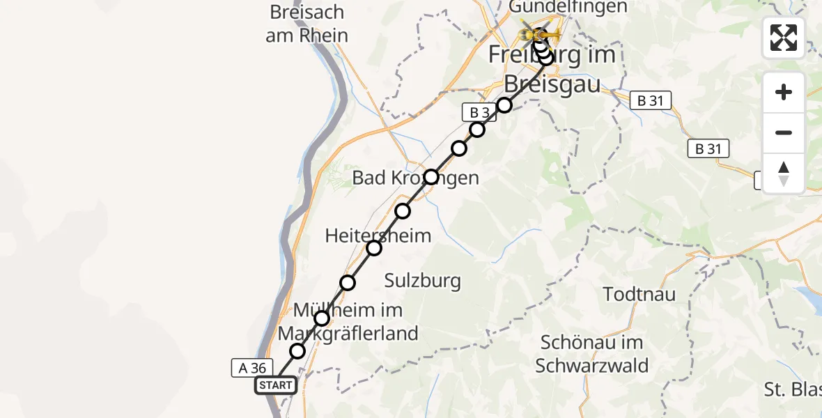 Flugroute Ambulanzhubschrauber Neuenburg am Rhein - Freiburg im Breisgau Flugplatz, 10 Oktober 2026, 15:10
